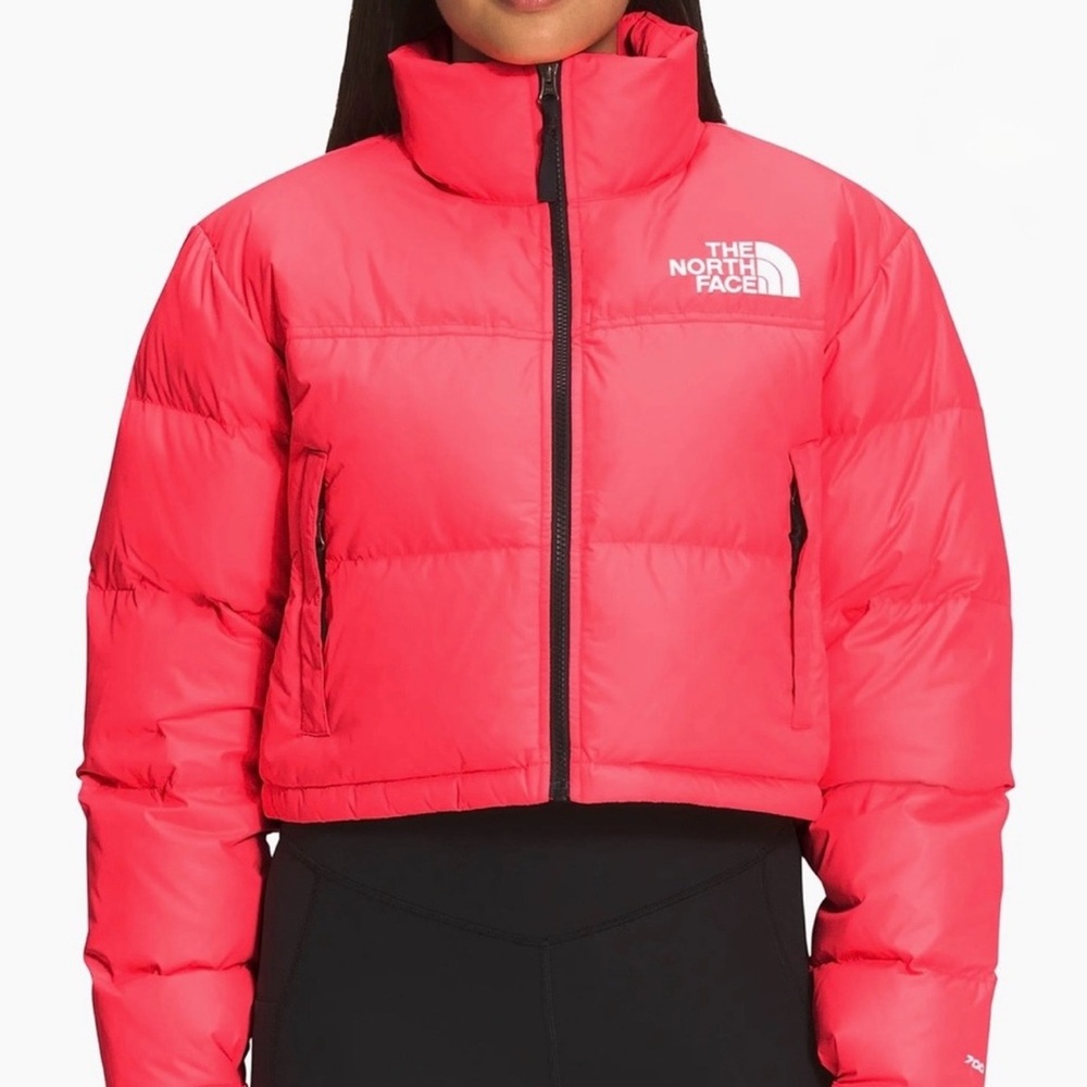 The North Face Women's brilliant coral Nuptse cropped Puffer Jacket